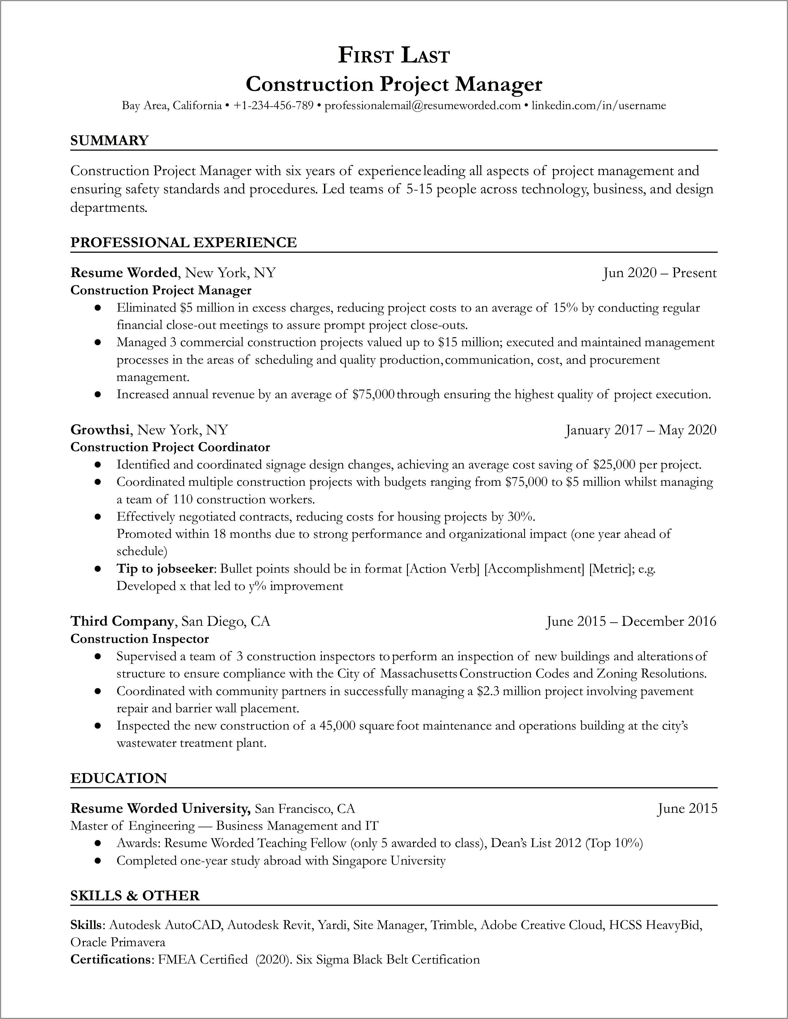 Project Management Information To List On Resume