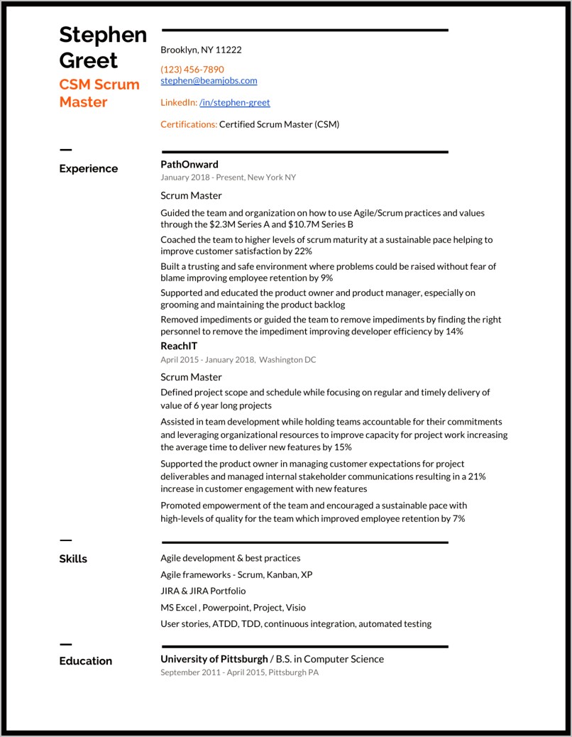 Project Management Scrum Master Resume