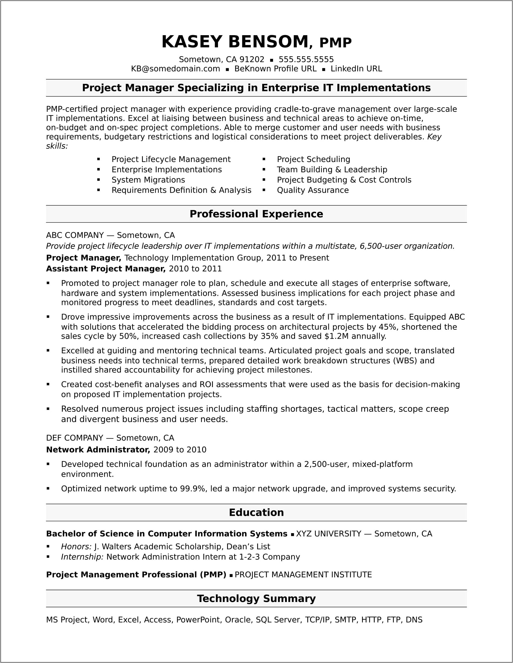 Project Management Summary Of Qualifications Resume