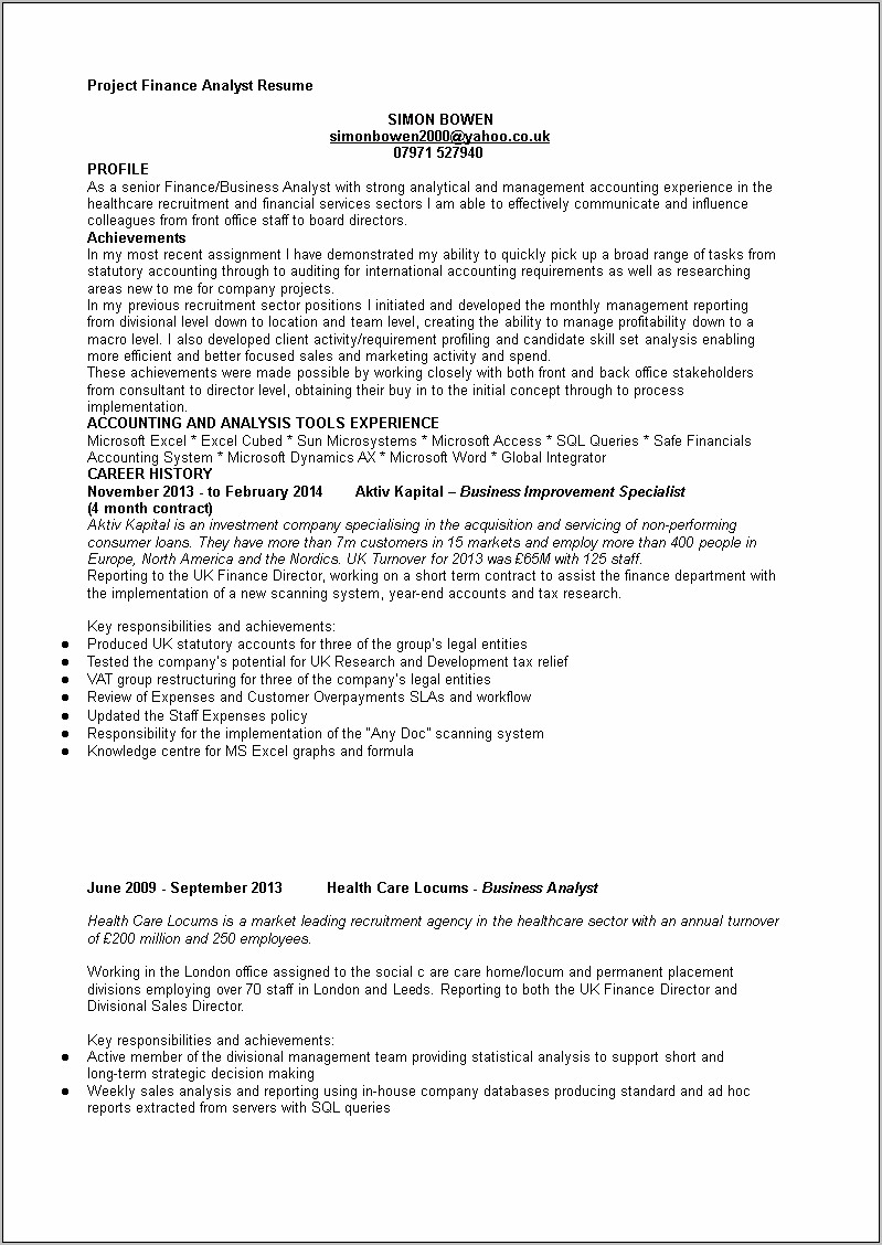 Project Manager And Business Analyst Resume