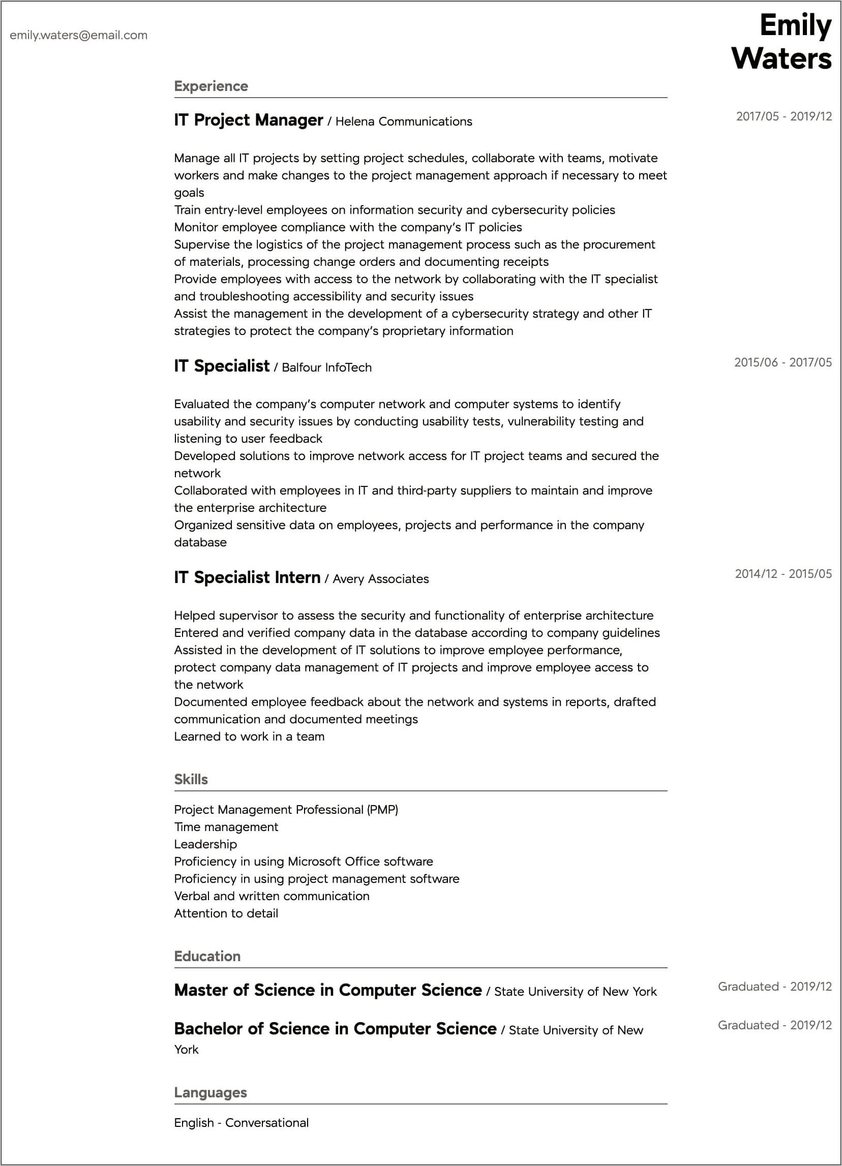 Project Manager Experience Description For Resume
