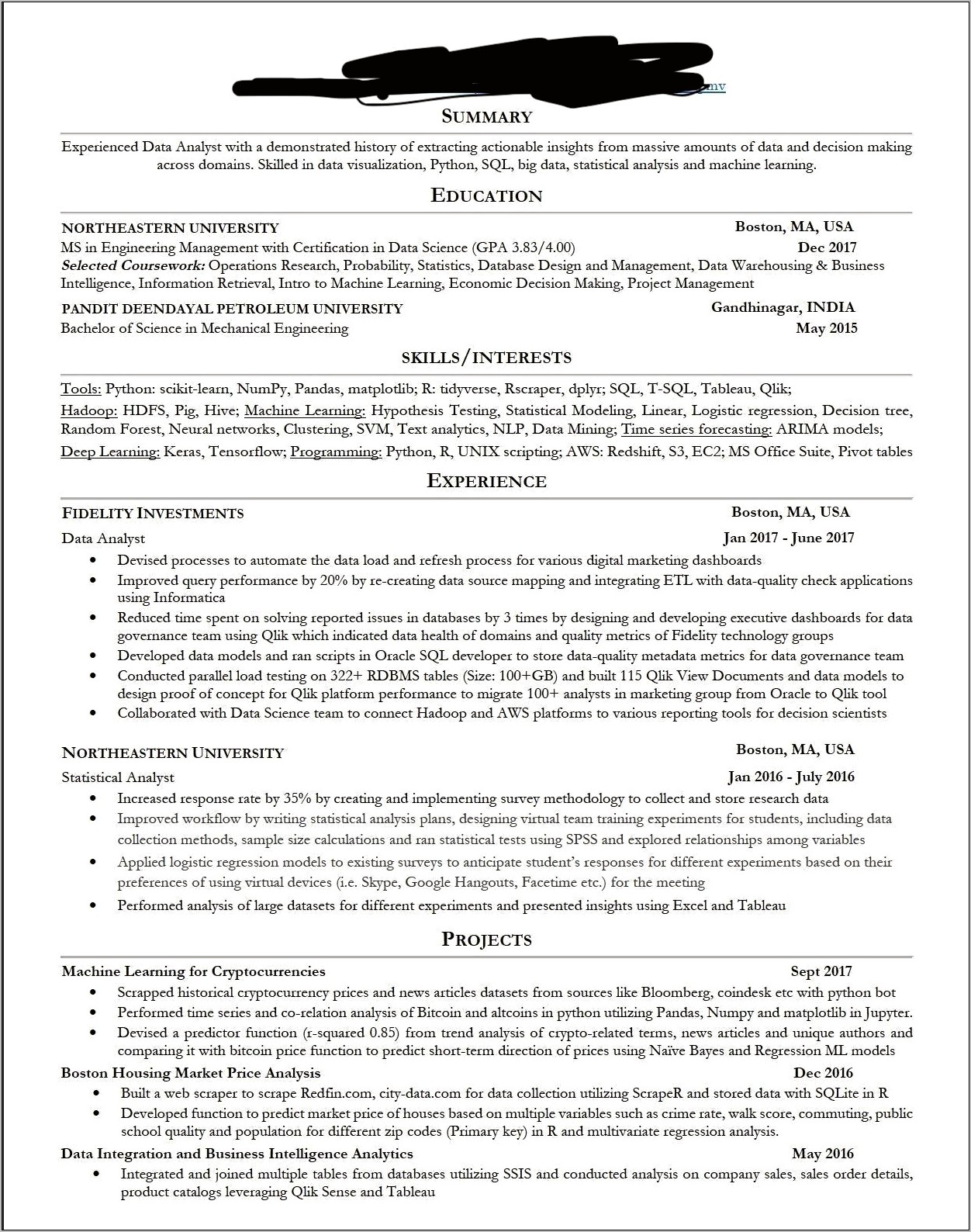Project Manager For Dataware House And Analytics Resume