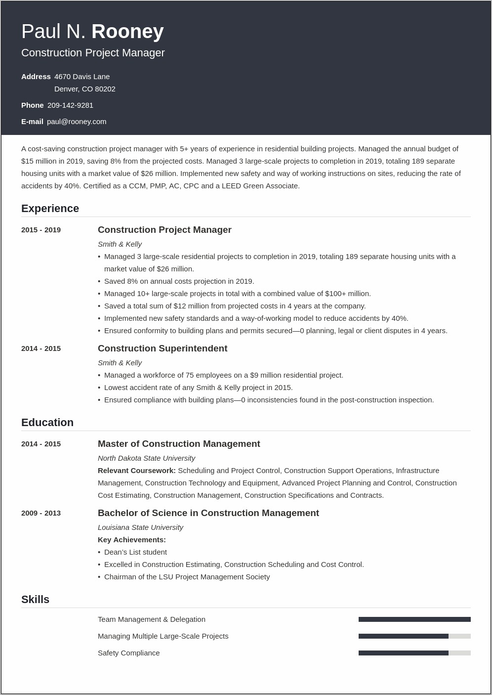Project Manager In Construction Resume