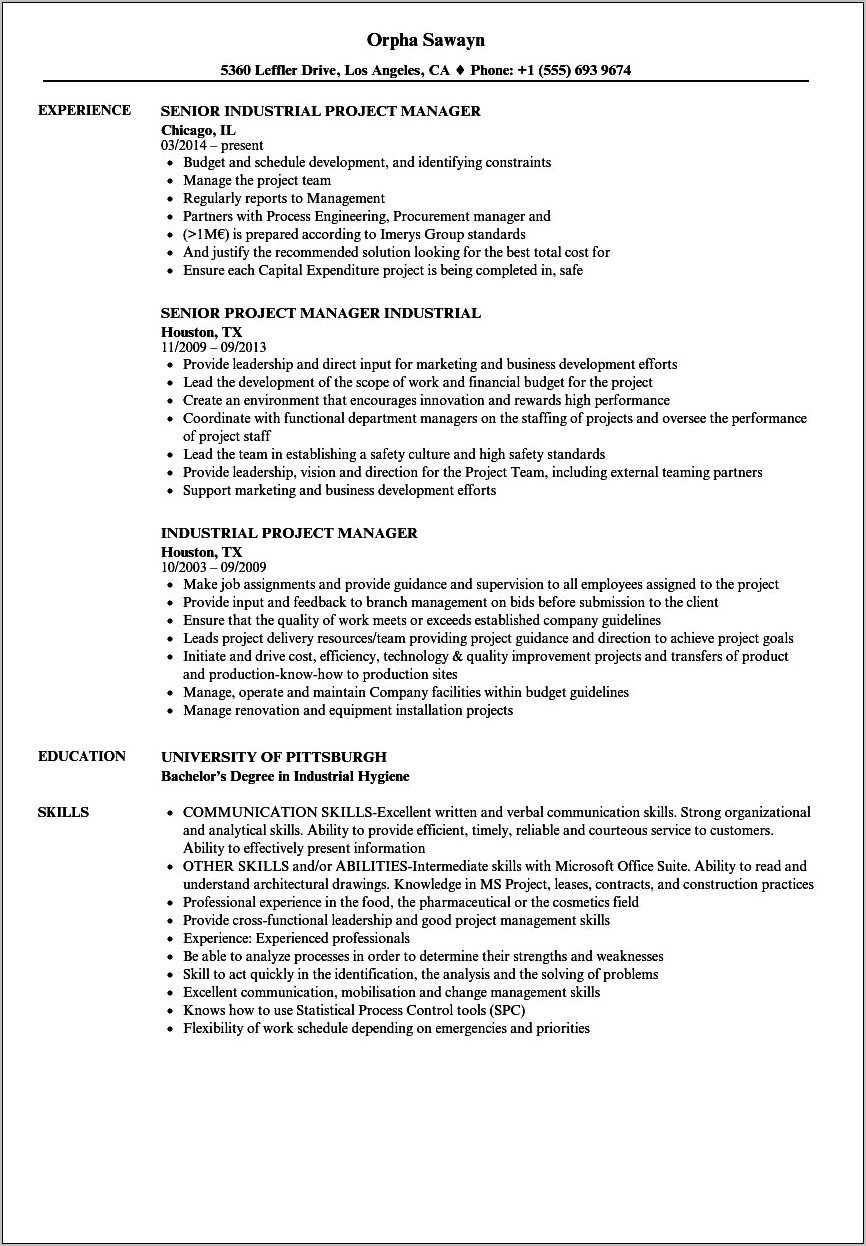 Project Manager Industrial Engineering Resume