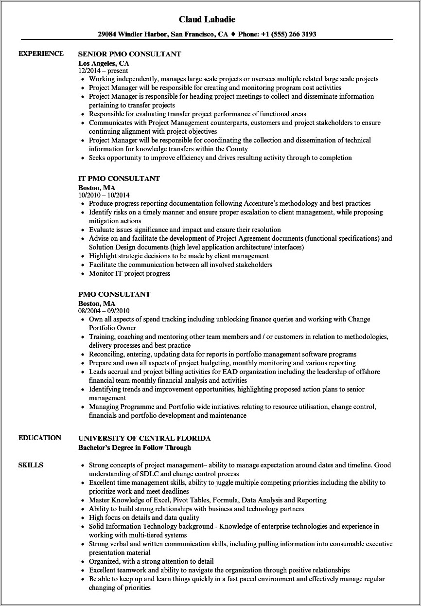 Project Manager Pmo Resume Sample
