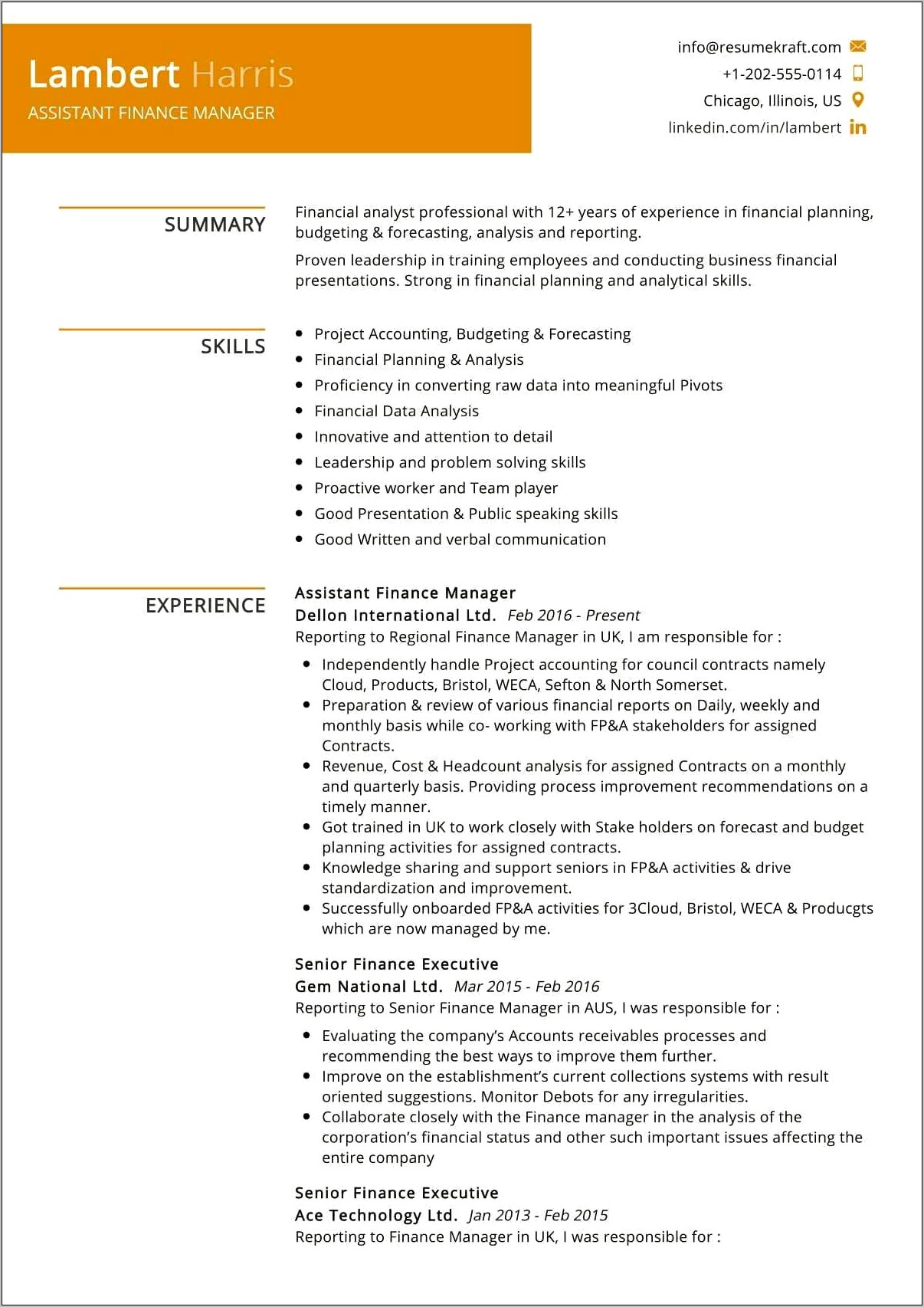 Project Manager Resume Financial Planning Budget