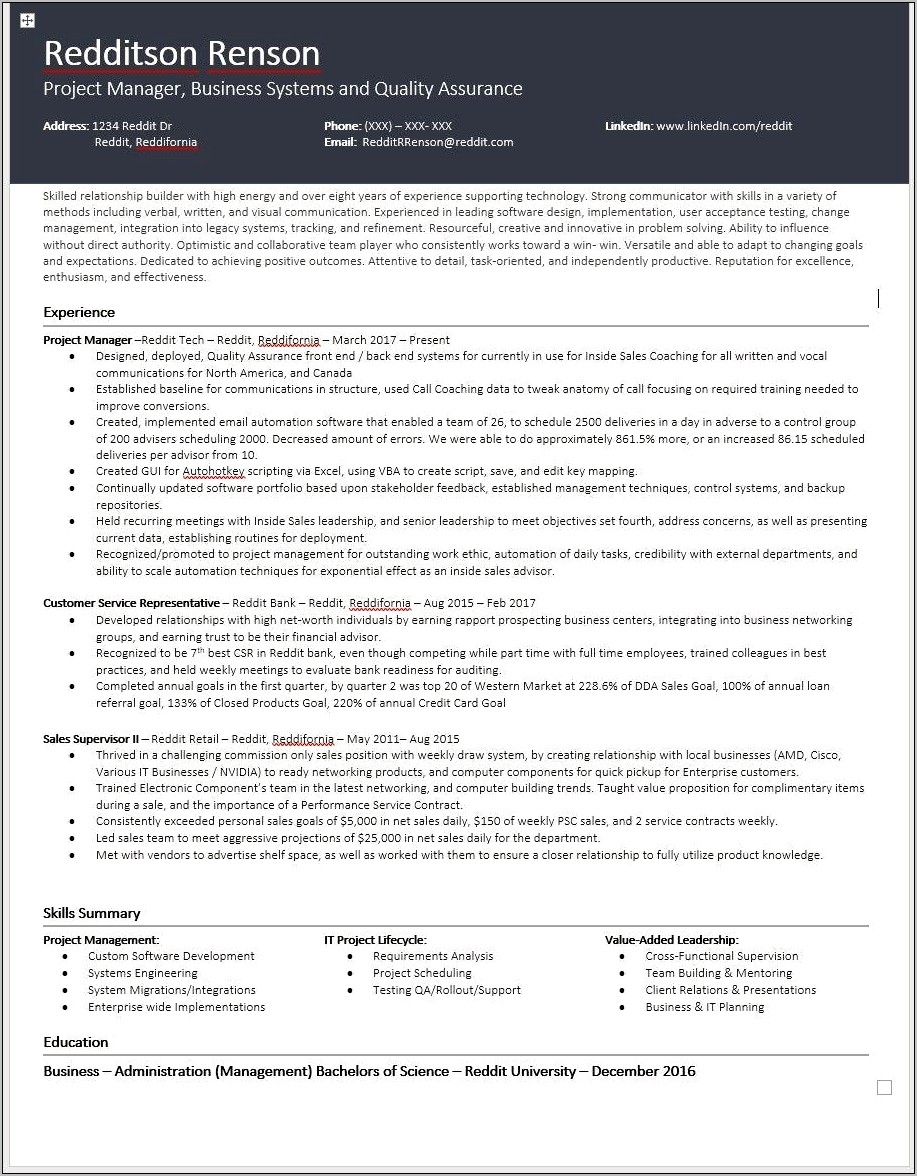 Project Manager Summary For A Resume