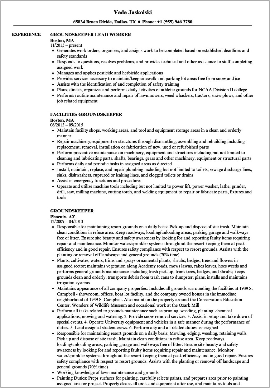 Property Caretaker Job Description For Resume
