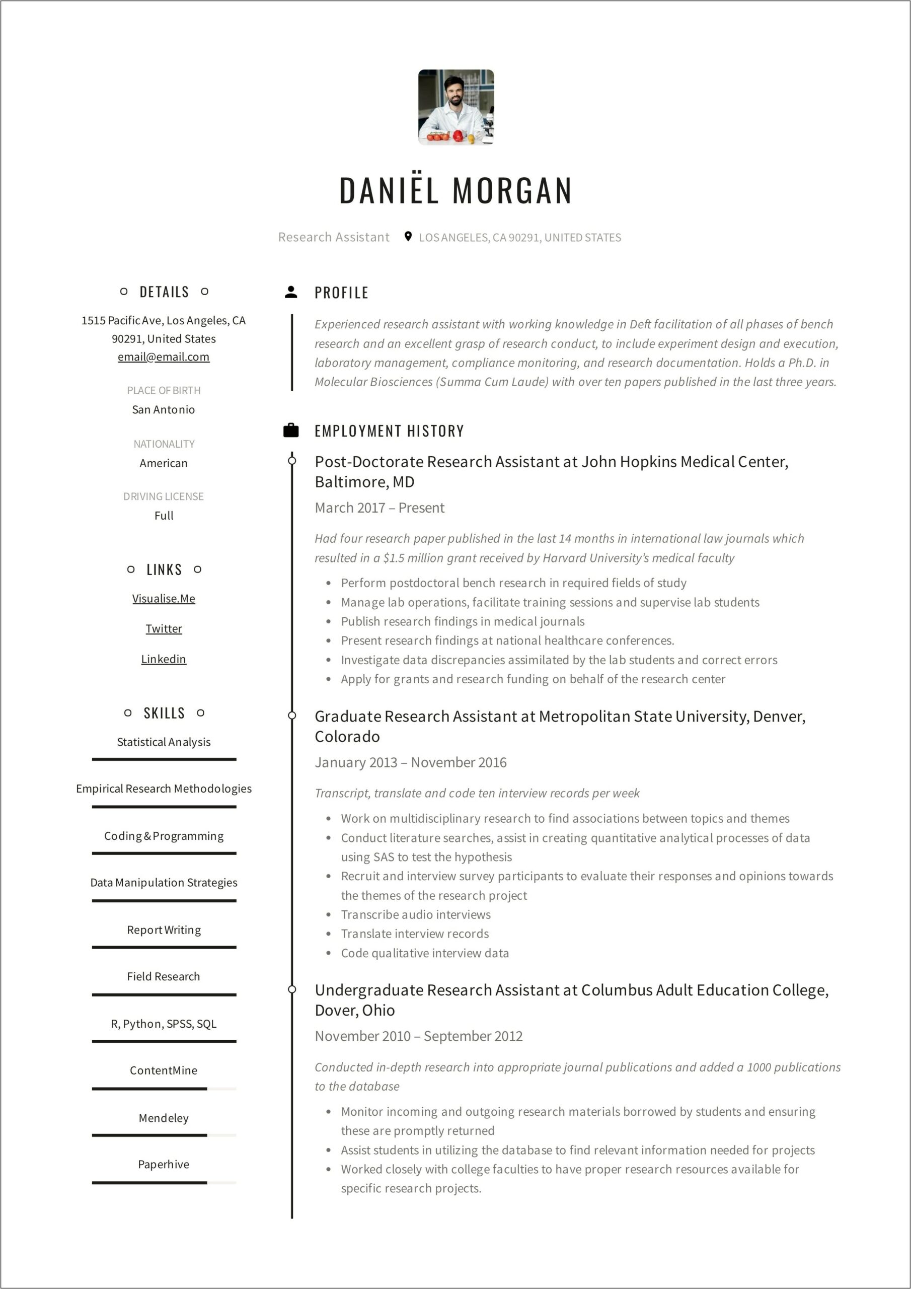 Public Health Research Assistant Resume Sample