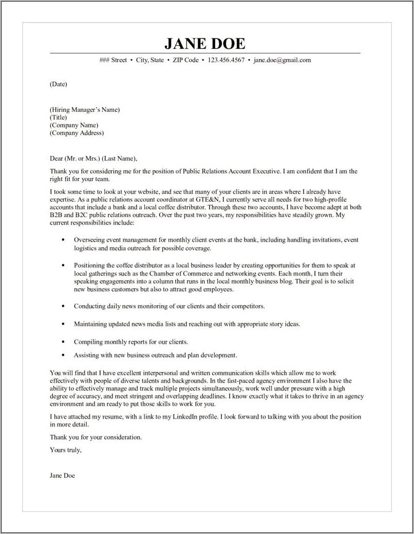 Public Relations Manager Resume Cover Letter