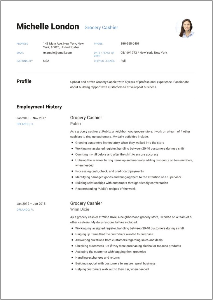Publix Front Service Clerk Job Description For Resume