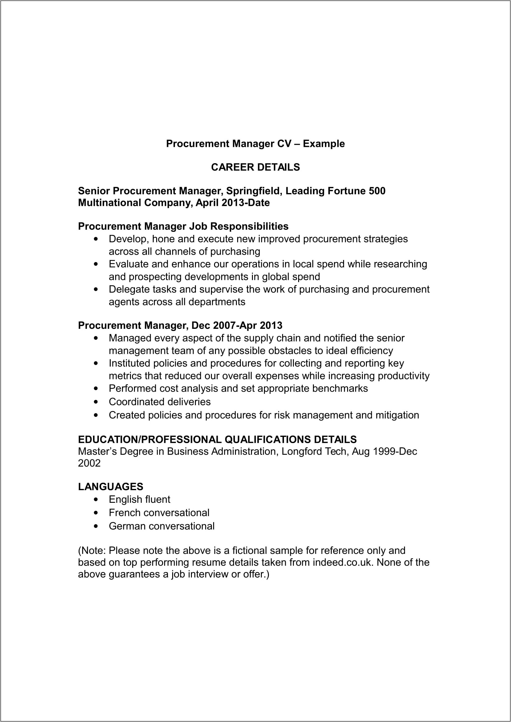 Purchasing Manager Job Description For Resume