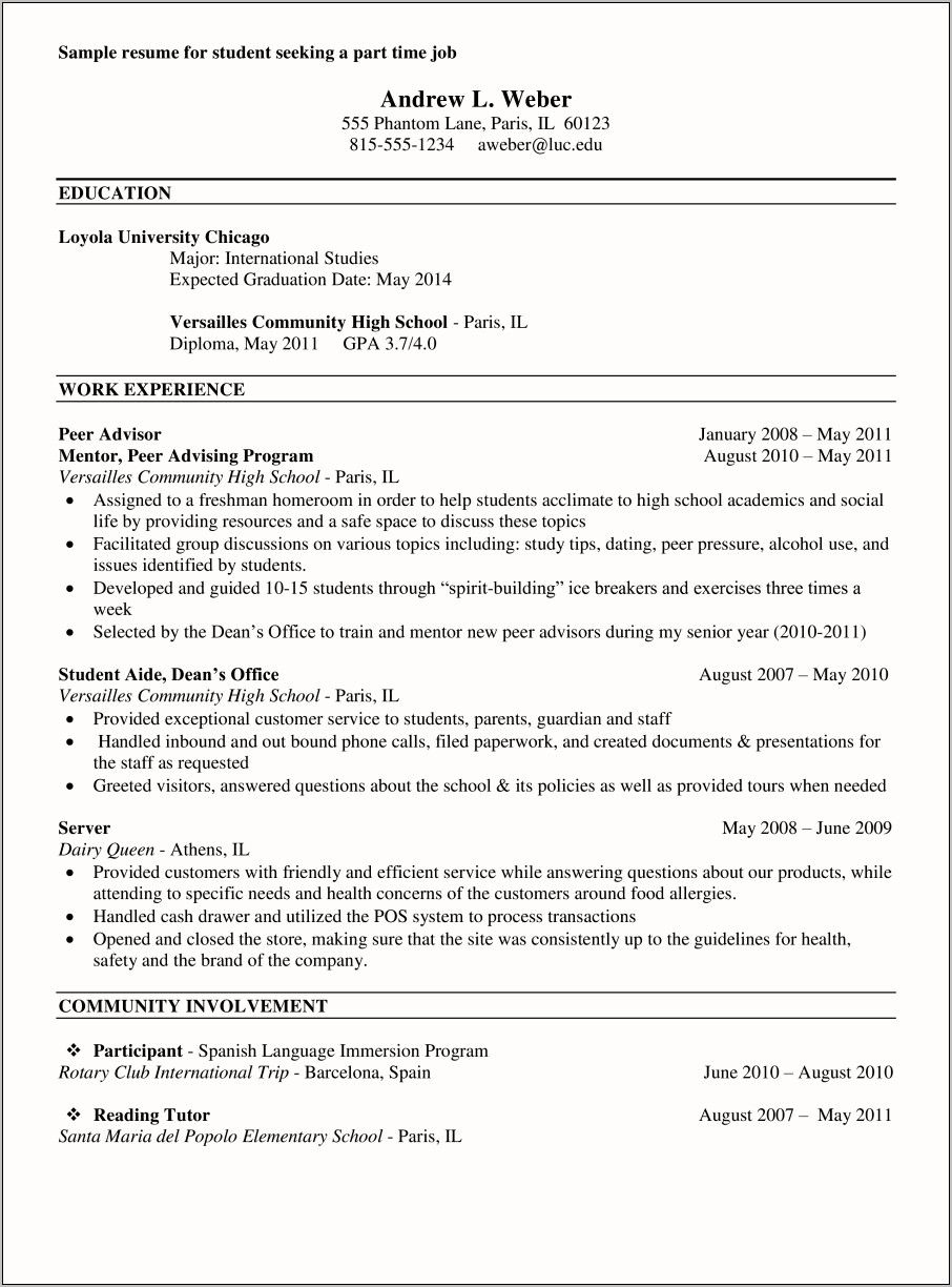Pursuing Education Part Time Resume Example