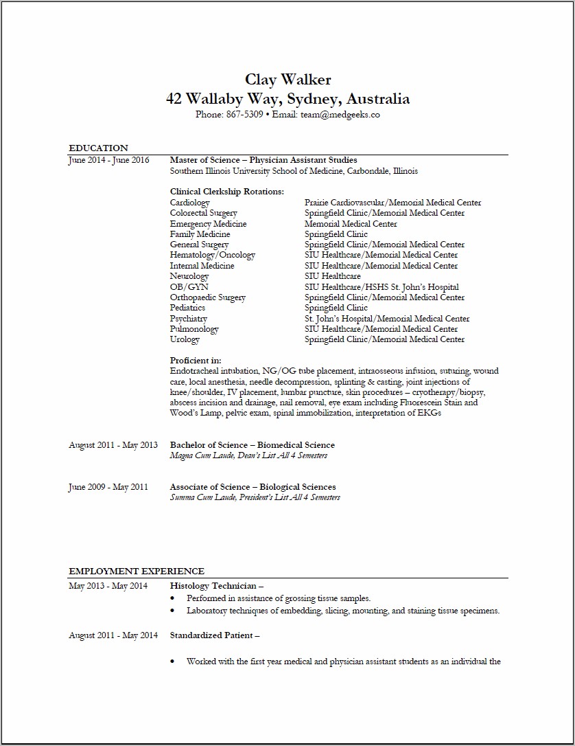 Putting Skills In Physician Assistant Resume