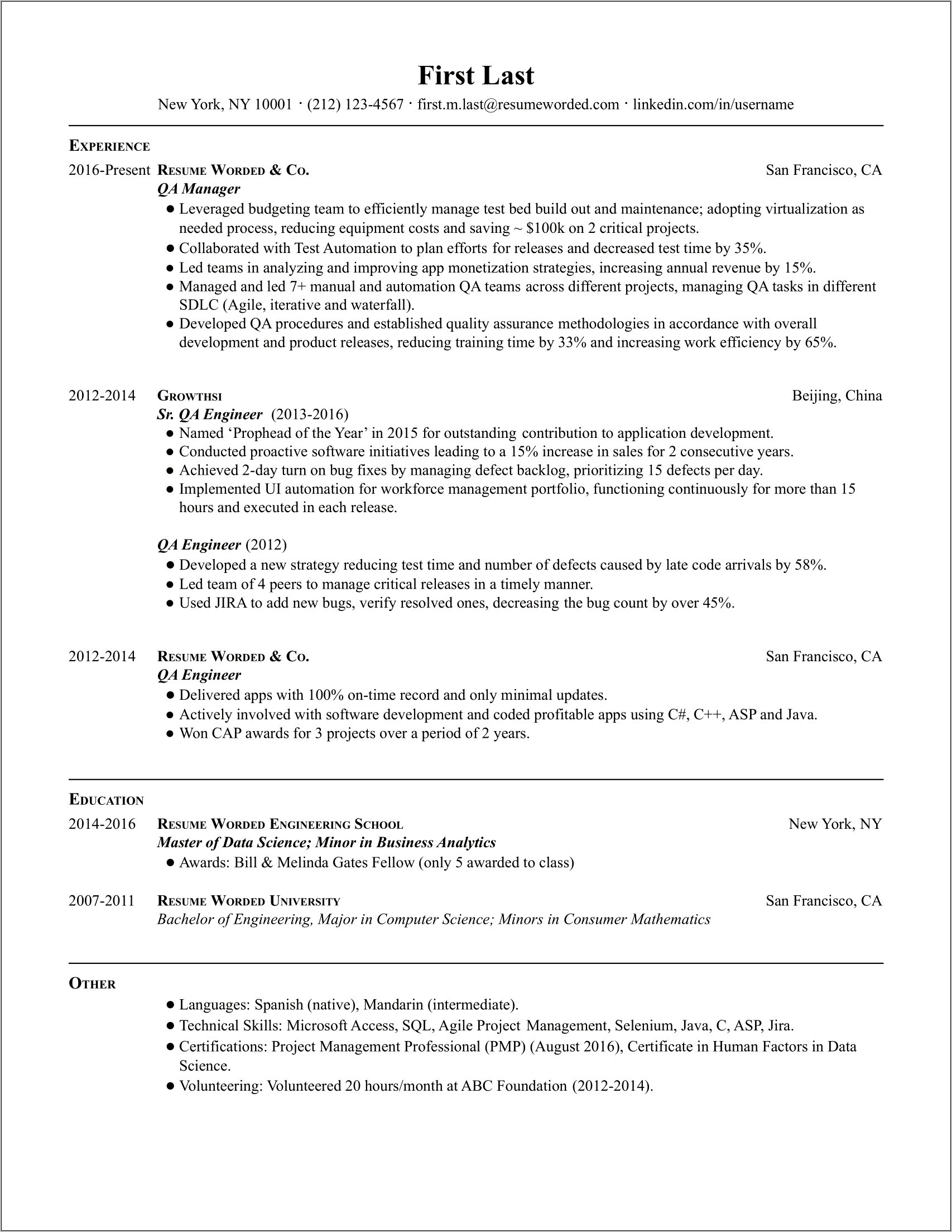 Qa Automation And Manual Entry Level Resume Sample