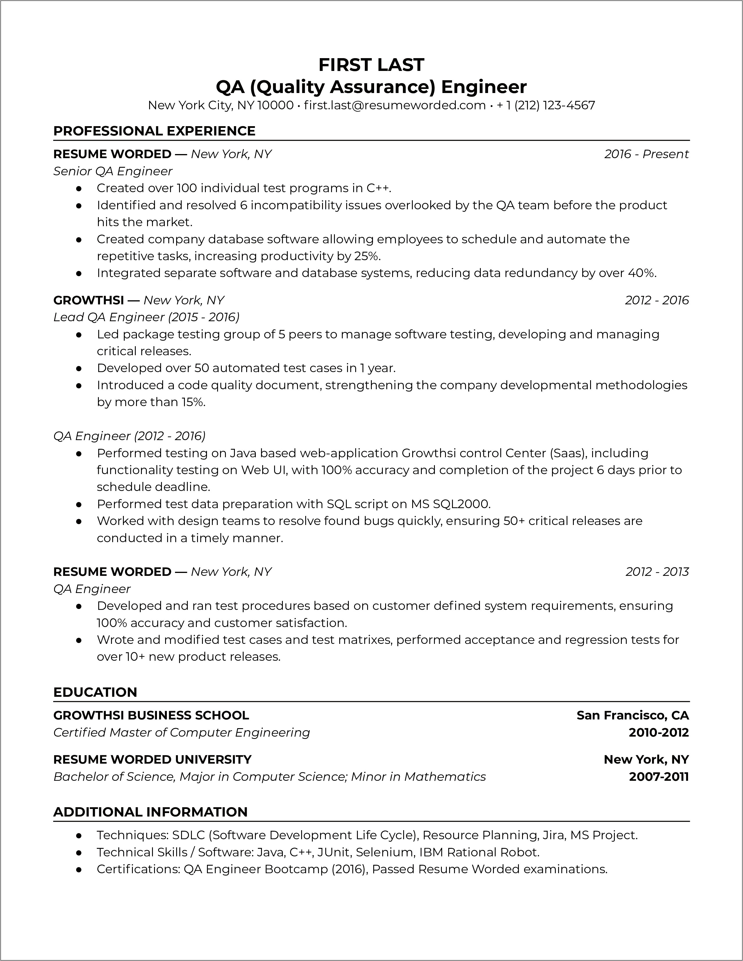 Qa Resume With Protractr Frame Work Sample