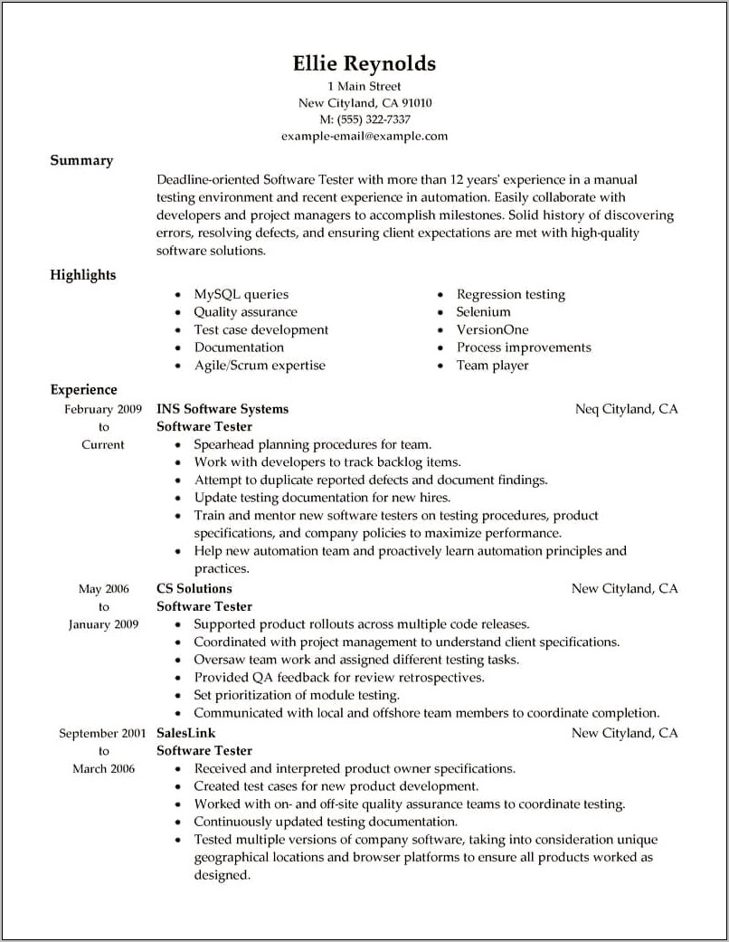Qa Tester Resume With Insurance Experience