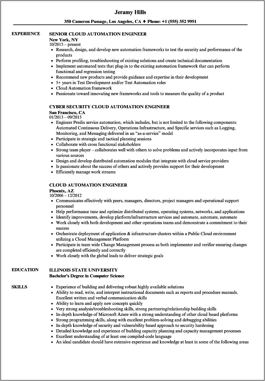 Qa Tester With Cloud Experience Resume