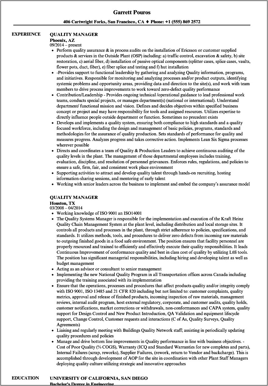 Qaulity Control Manager Resume Navy