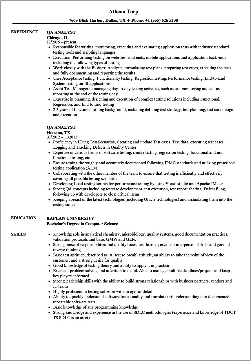 Quality Assurance Analyst Resume With Health Care Experience