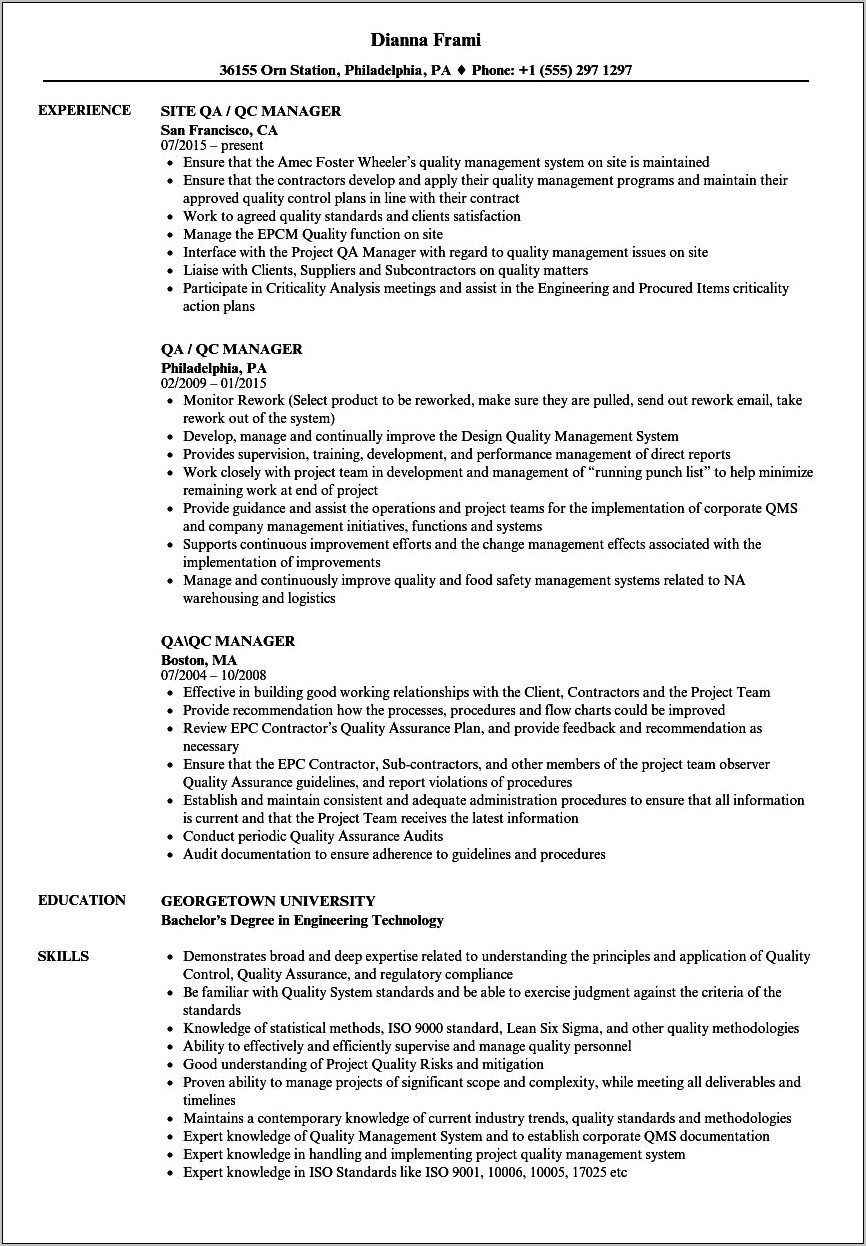 Quality Assurance Manager Job Description Resume