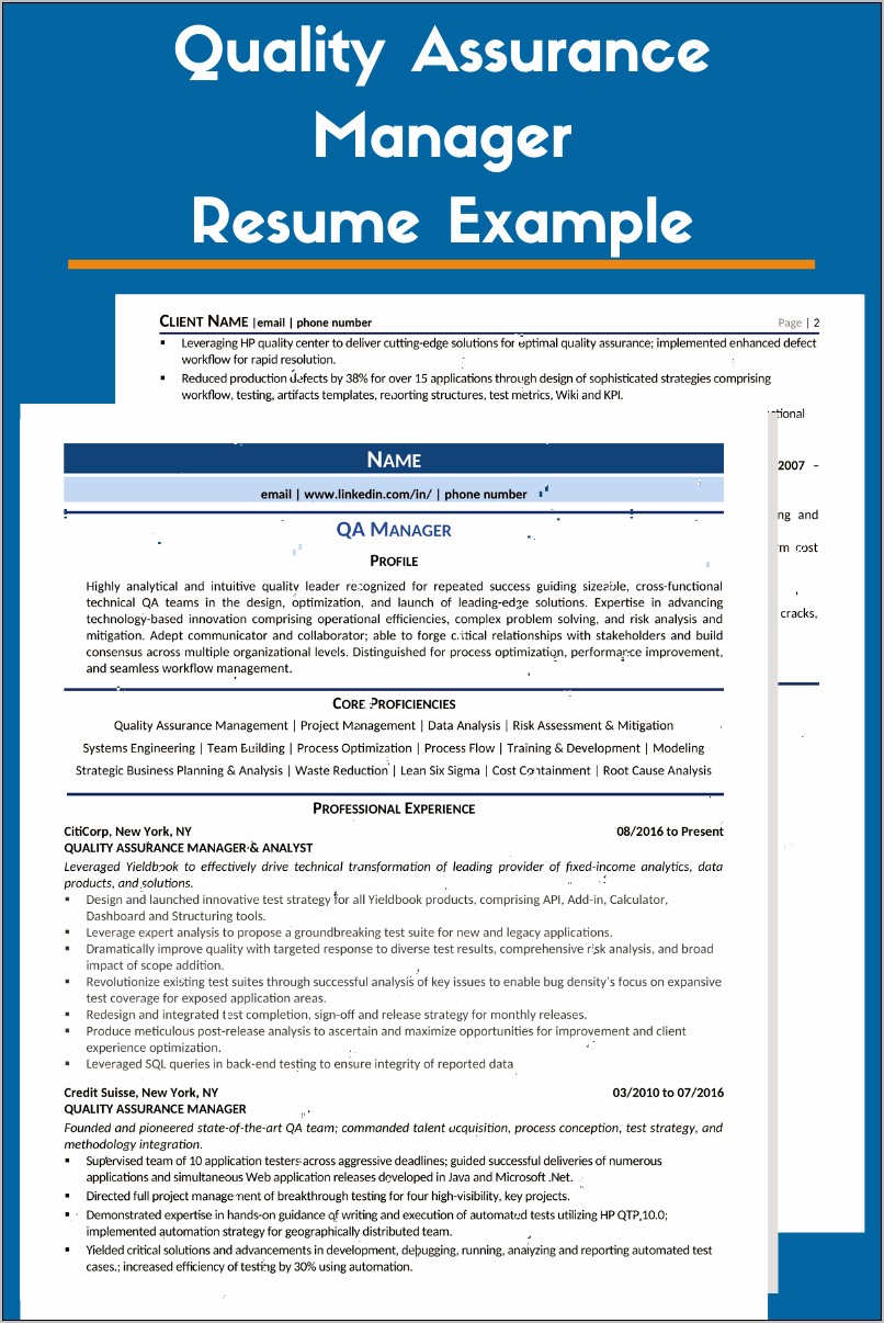 Quality Assurance Manager Resume Profile Summary