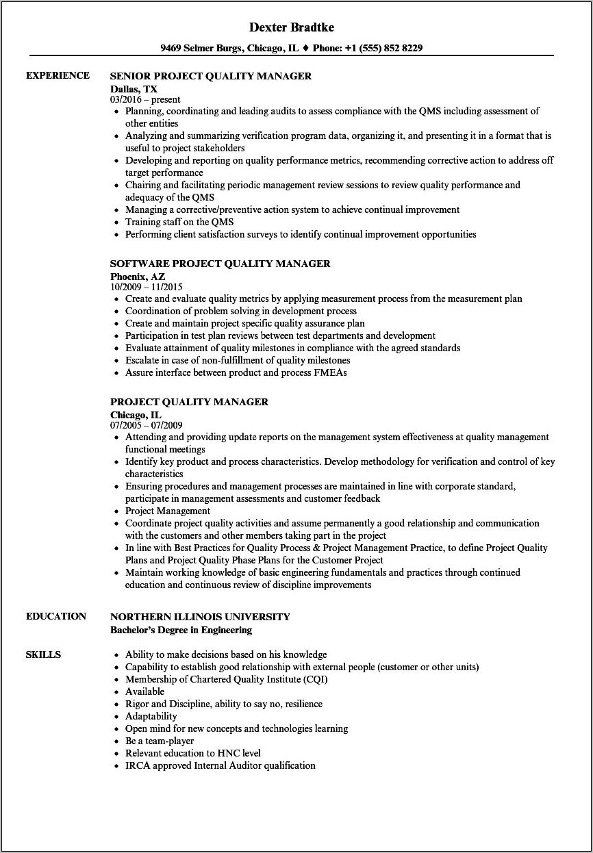 Quality Control Manager Job Description Resume