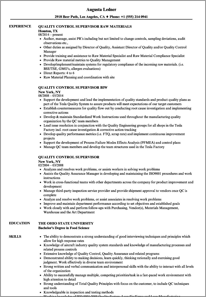 Quality Control Supervisor Job Description Resume