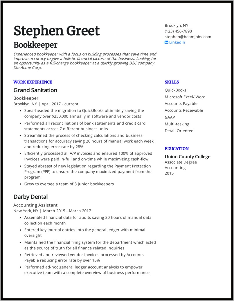 Quickbooks In Skills Section Of Resume