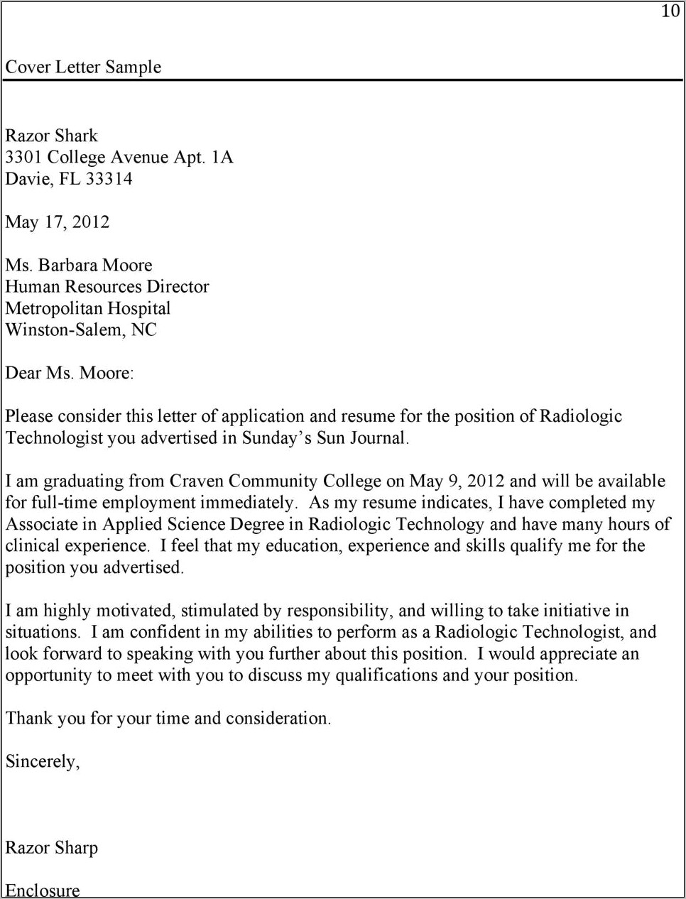 Radiologic Technologist Professional Resume Cover Letter