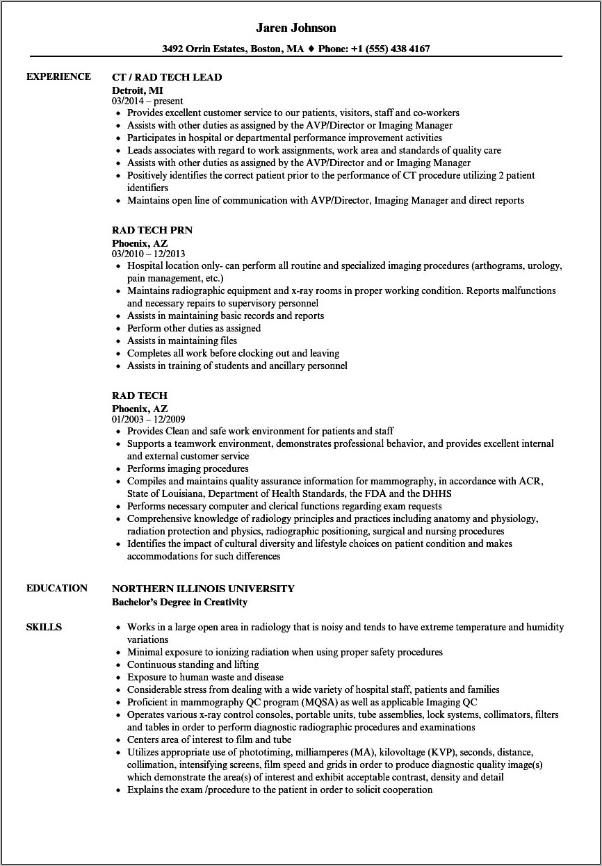 Radiology Technician Job Objective For A Resume