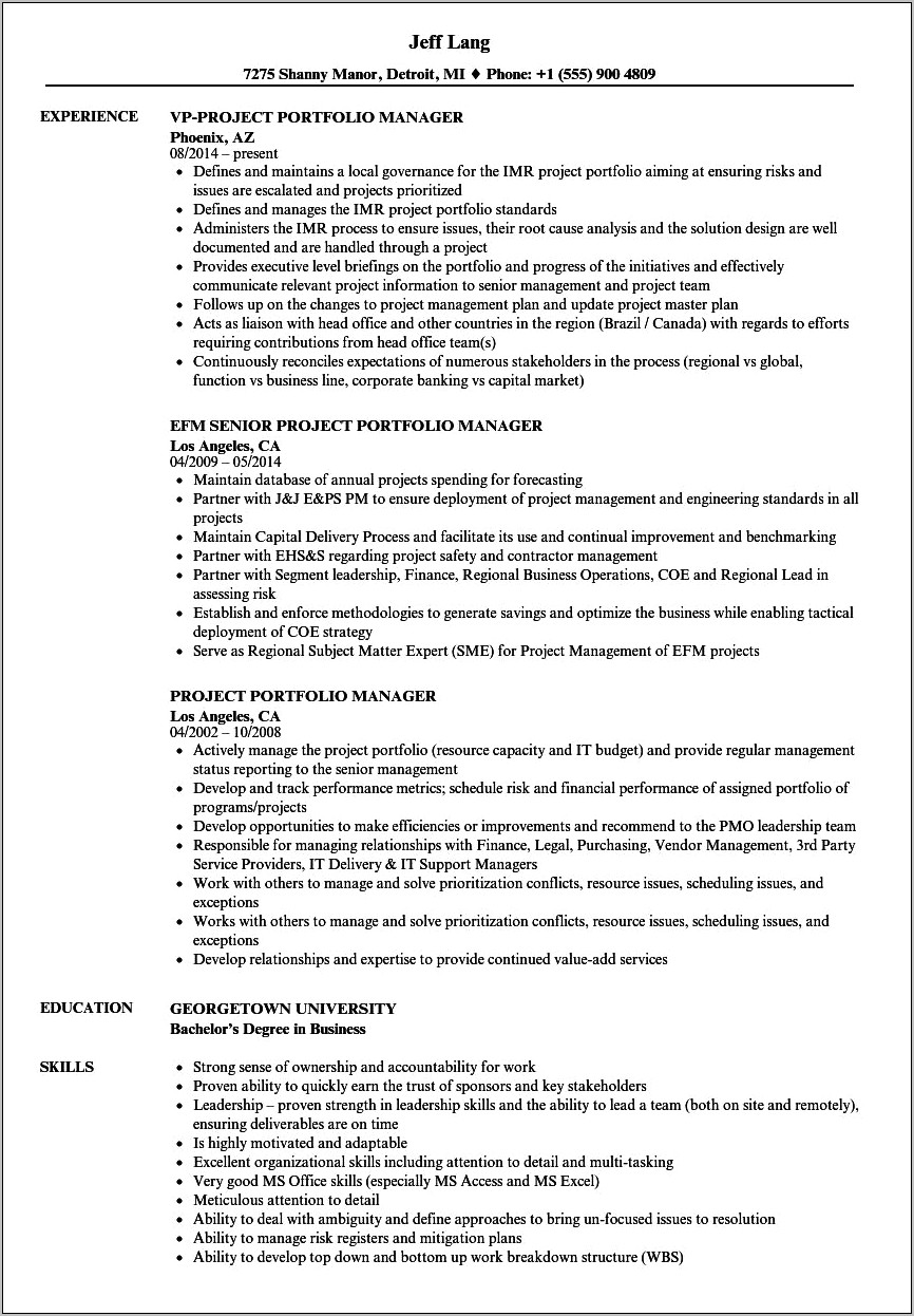 R&d Portfolio Management Resume