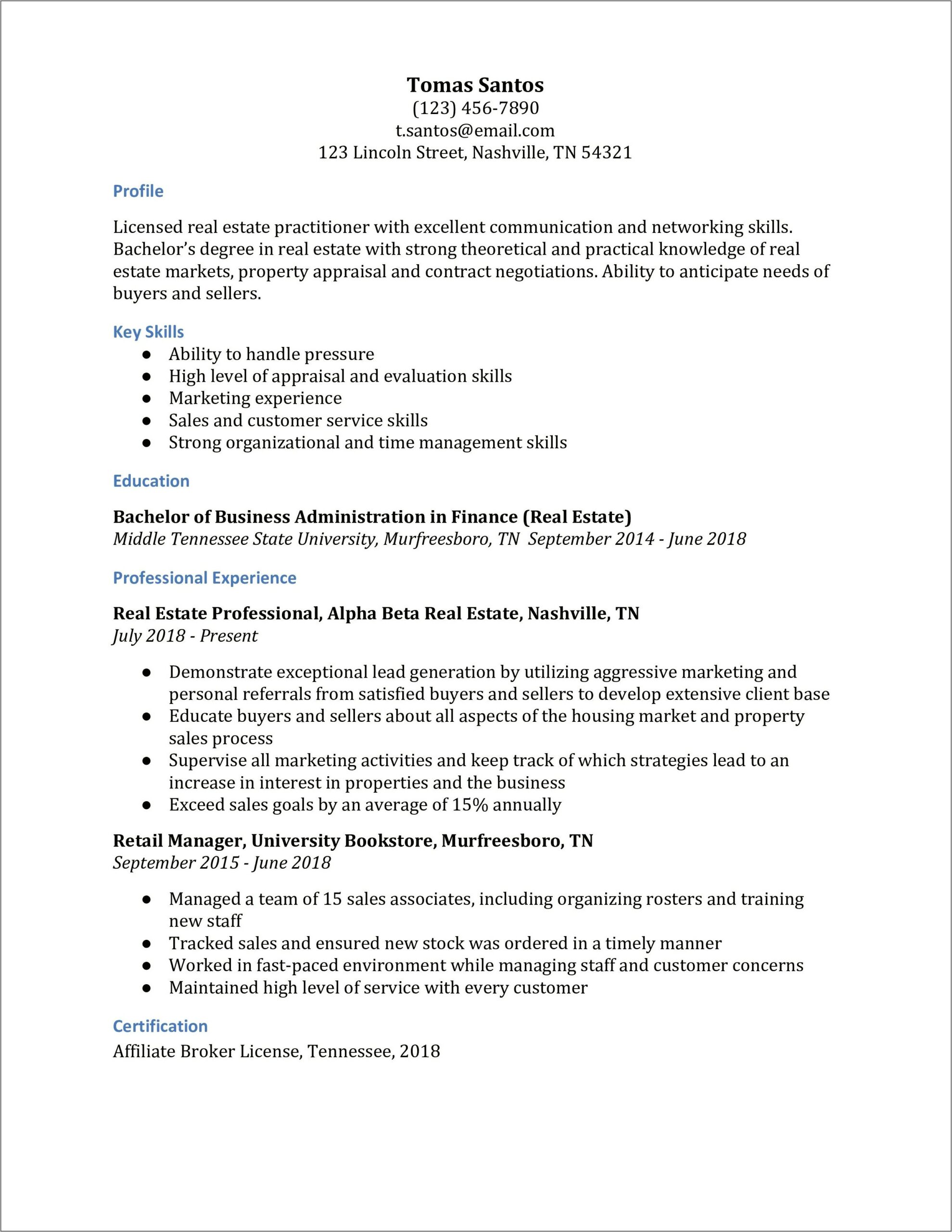 Real Estate Agent Resume Job Description With Experience