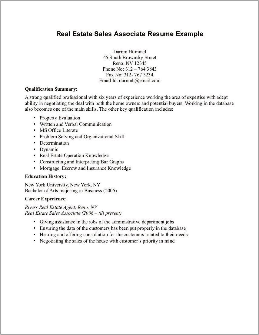Real Estate Agent Resume Sample No Experience