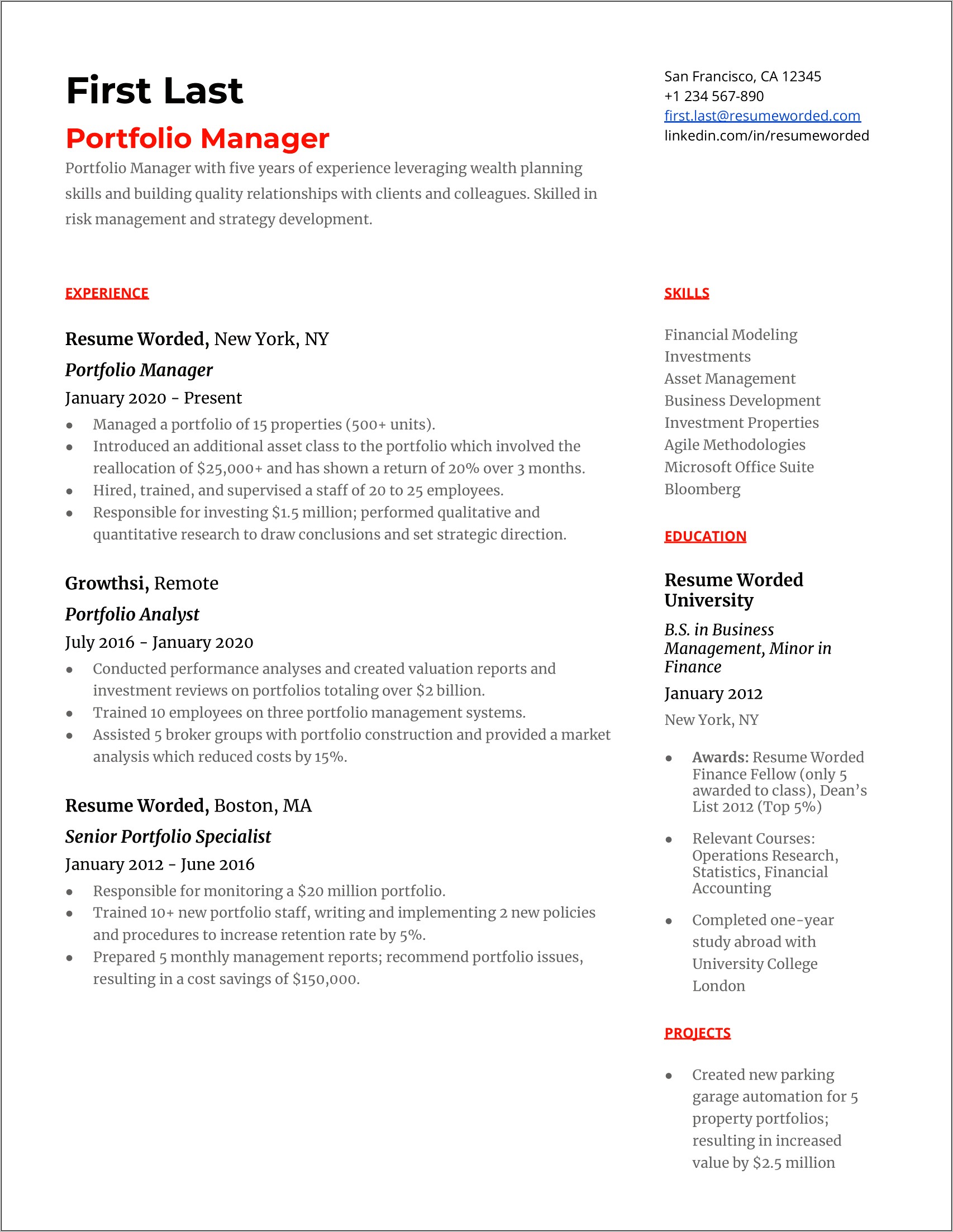 Real Estate Asset Management Experience Resume