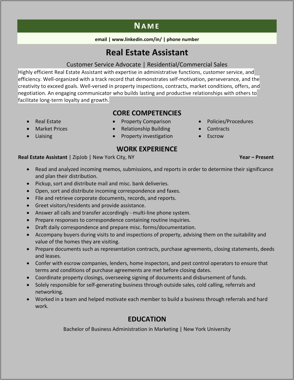 Real Estate Assistant Job Description Resume
