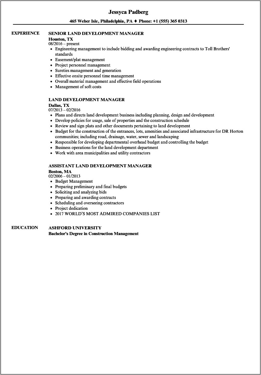 Real Estate Development Project Manager Resume