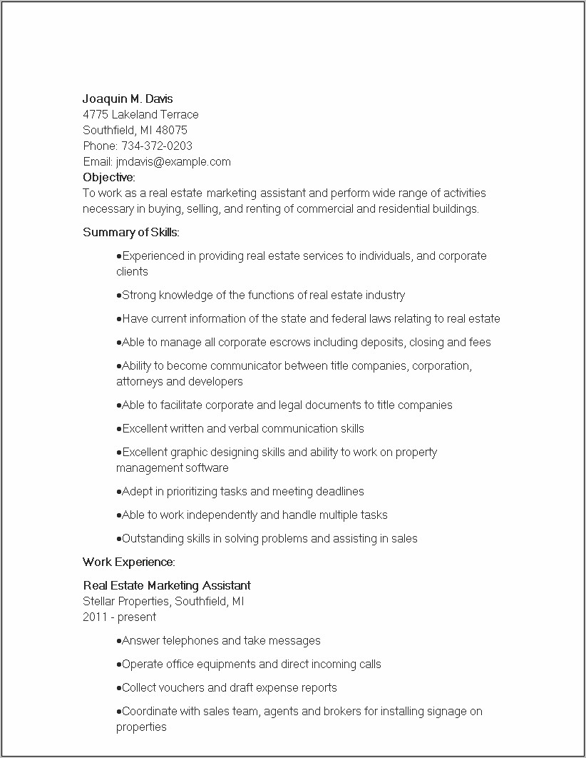Real Estate Marketing Assistant Resume Examples