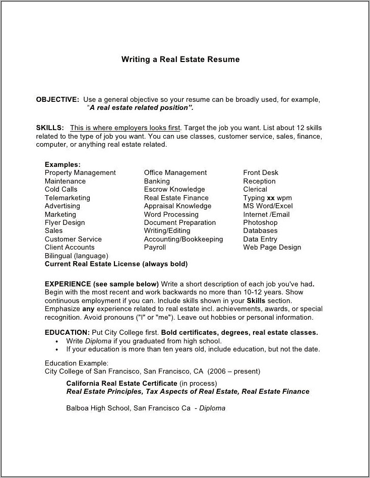 Real Estate Resume Objective Entry Level