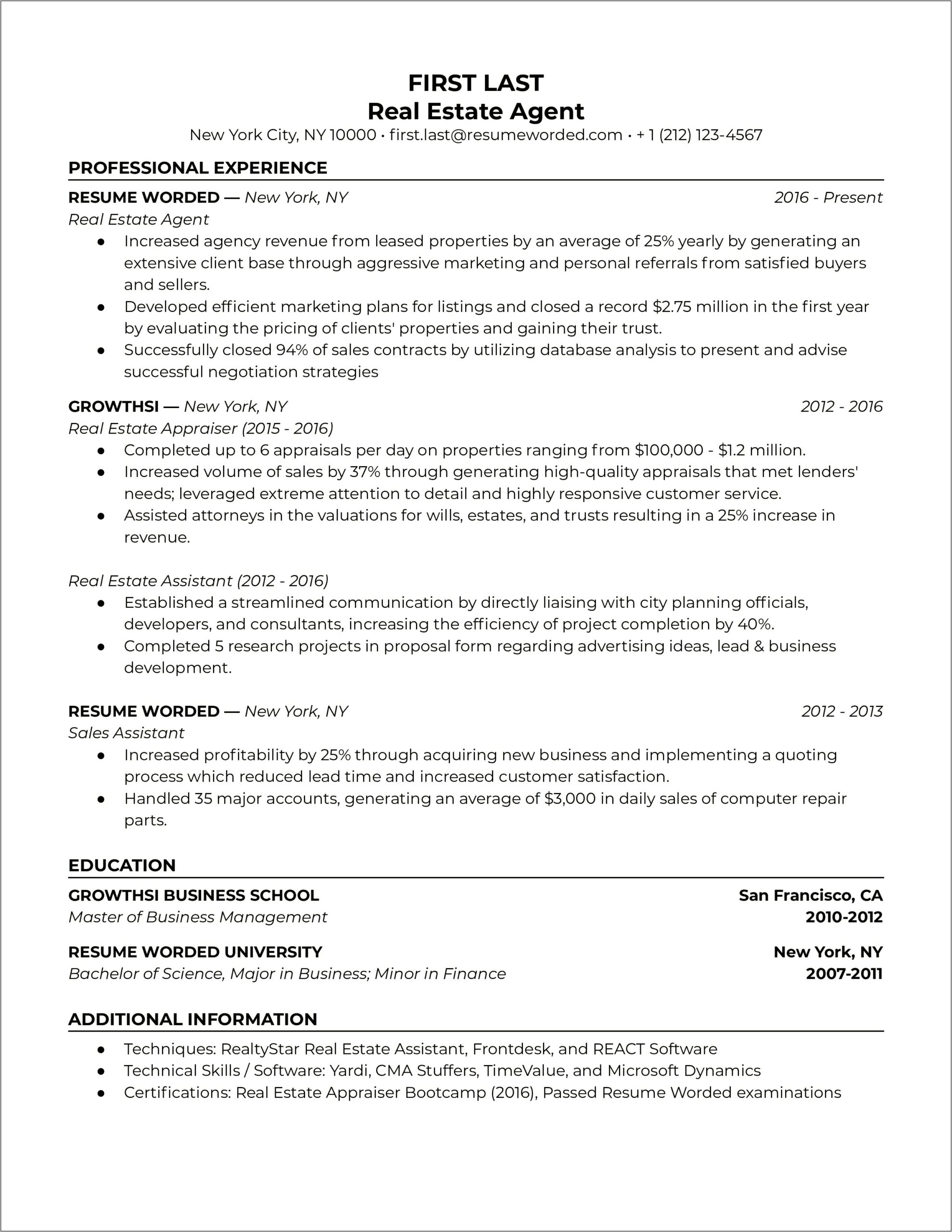 Real Estate Sales Agent Resume Example
