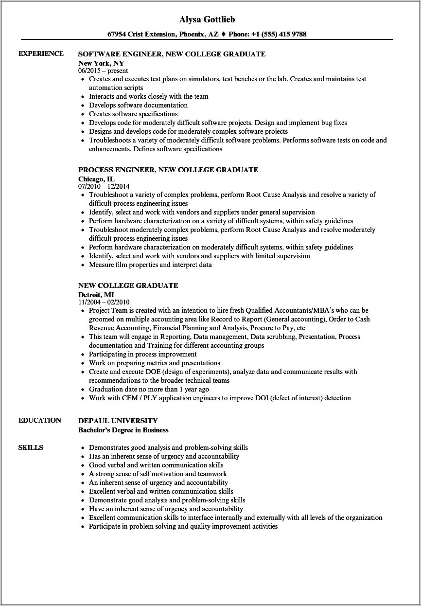 Recent College Graduate Resume Examples Little Experience