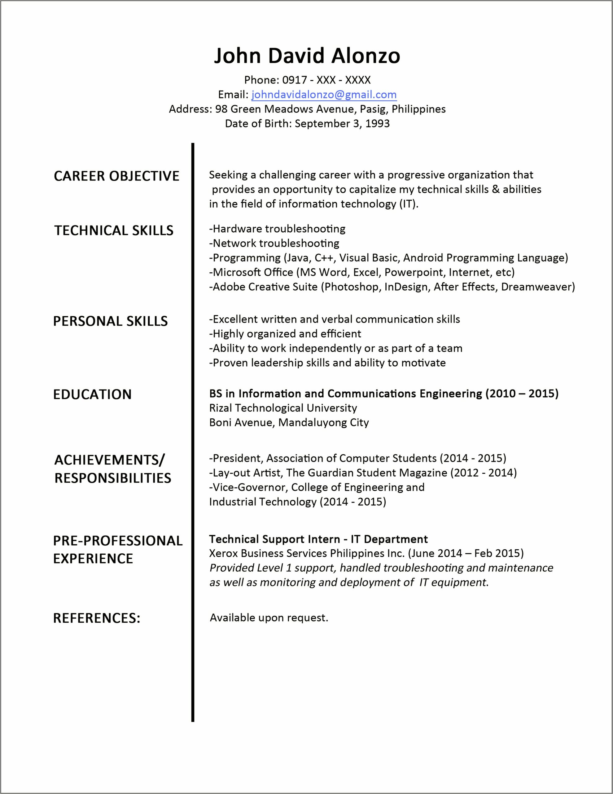 Recent College Graduate Resume Summary Example