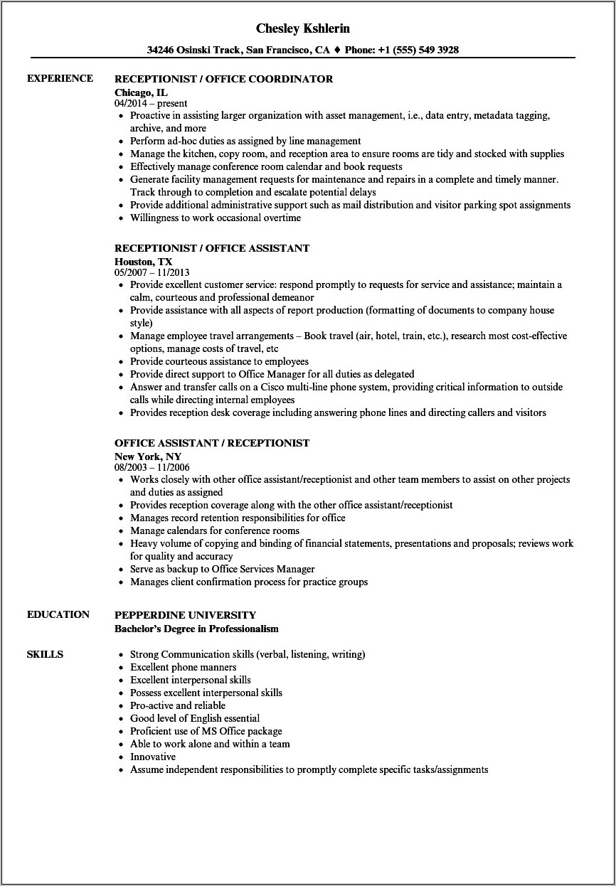 Receptionist At A Library Job Description For Resume