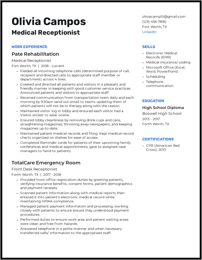 Receptionist Duties Resume For Work Experience Section