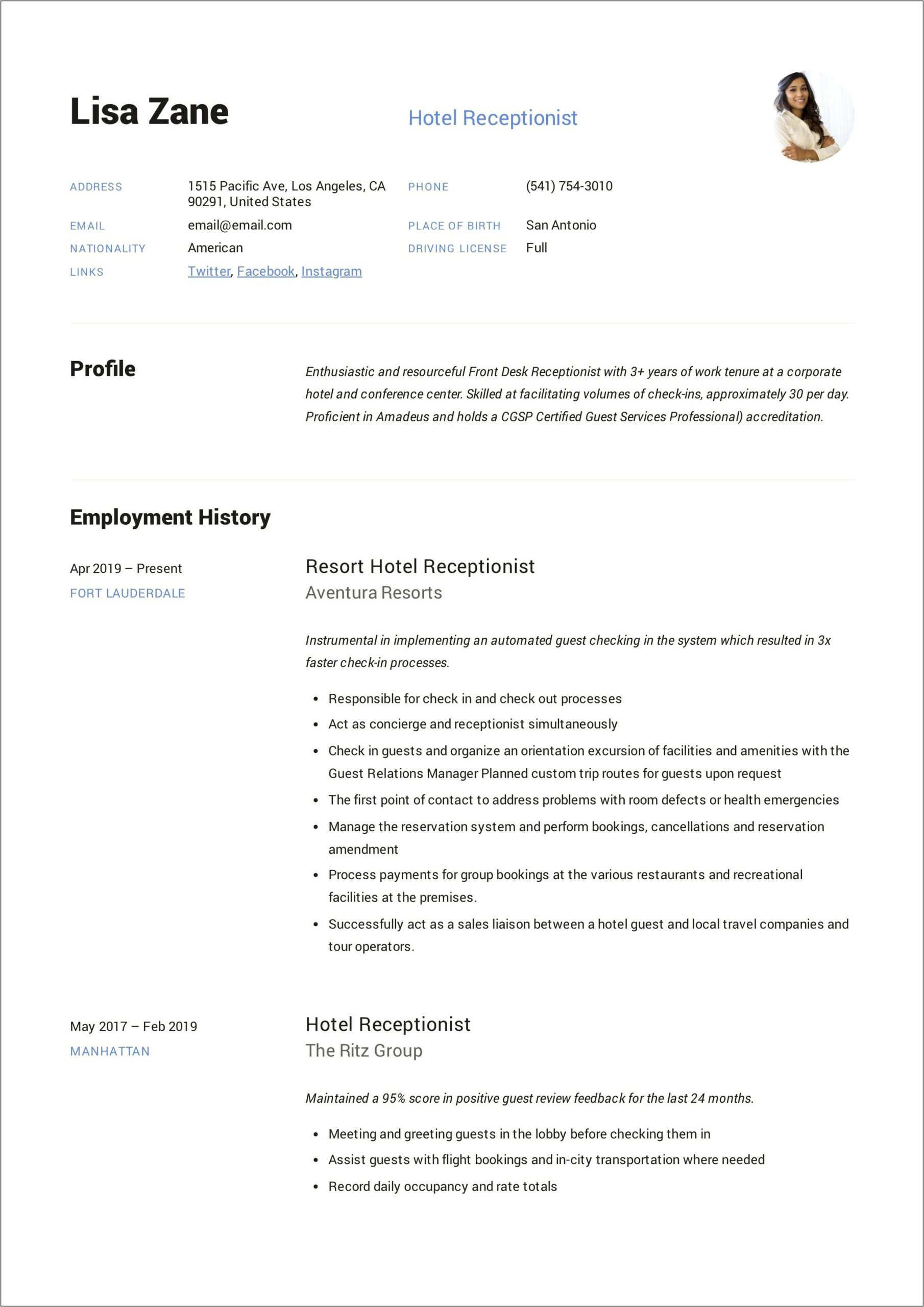 Receptionist Little Experience Resume Example 2019
