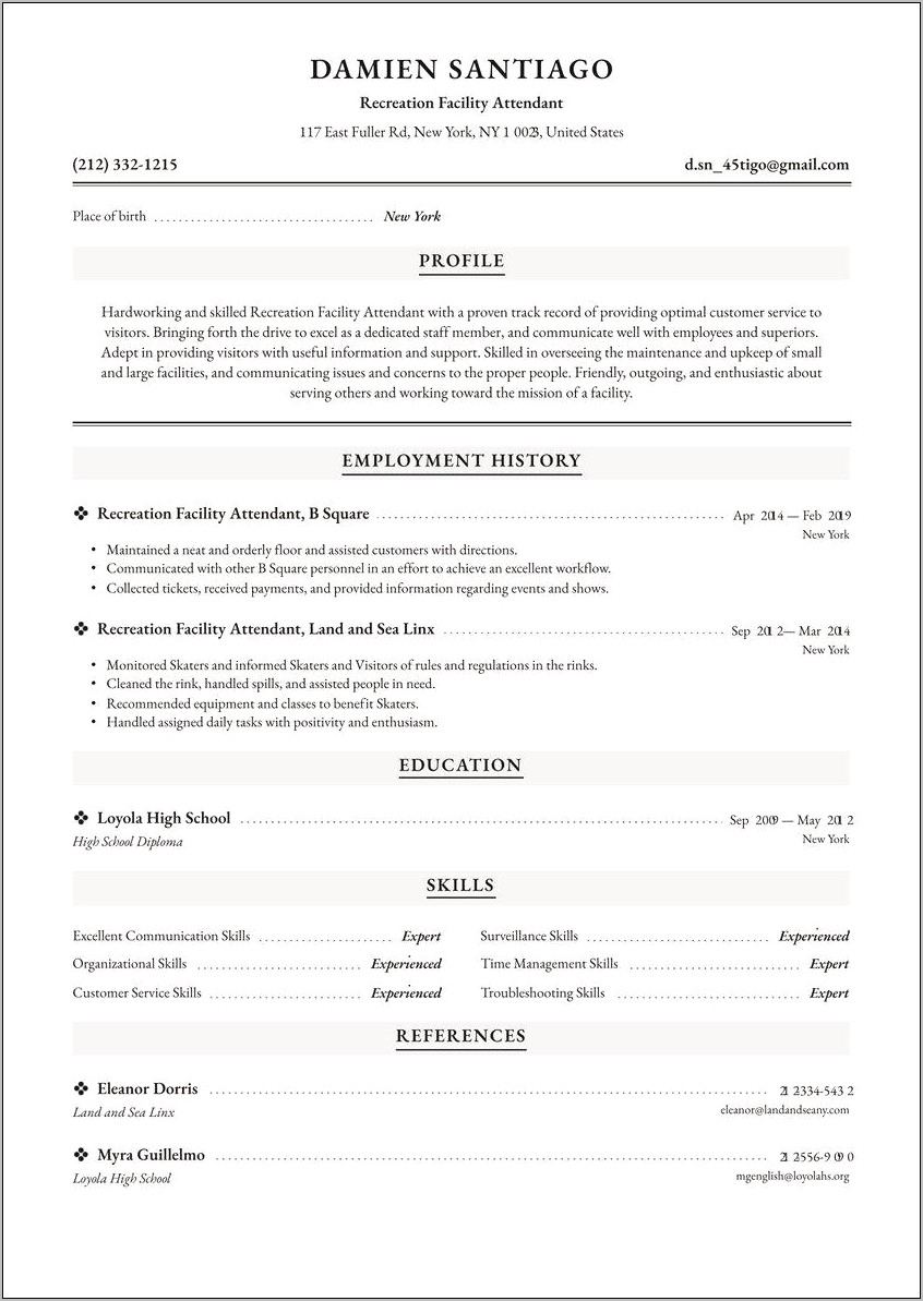Recreation Attendant Sample Resume No Experience