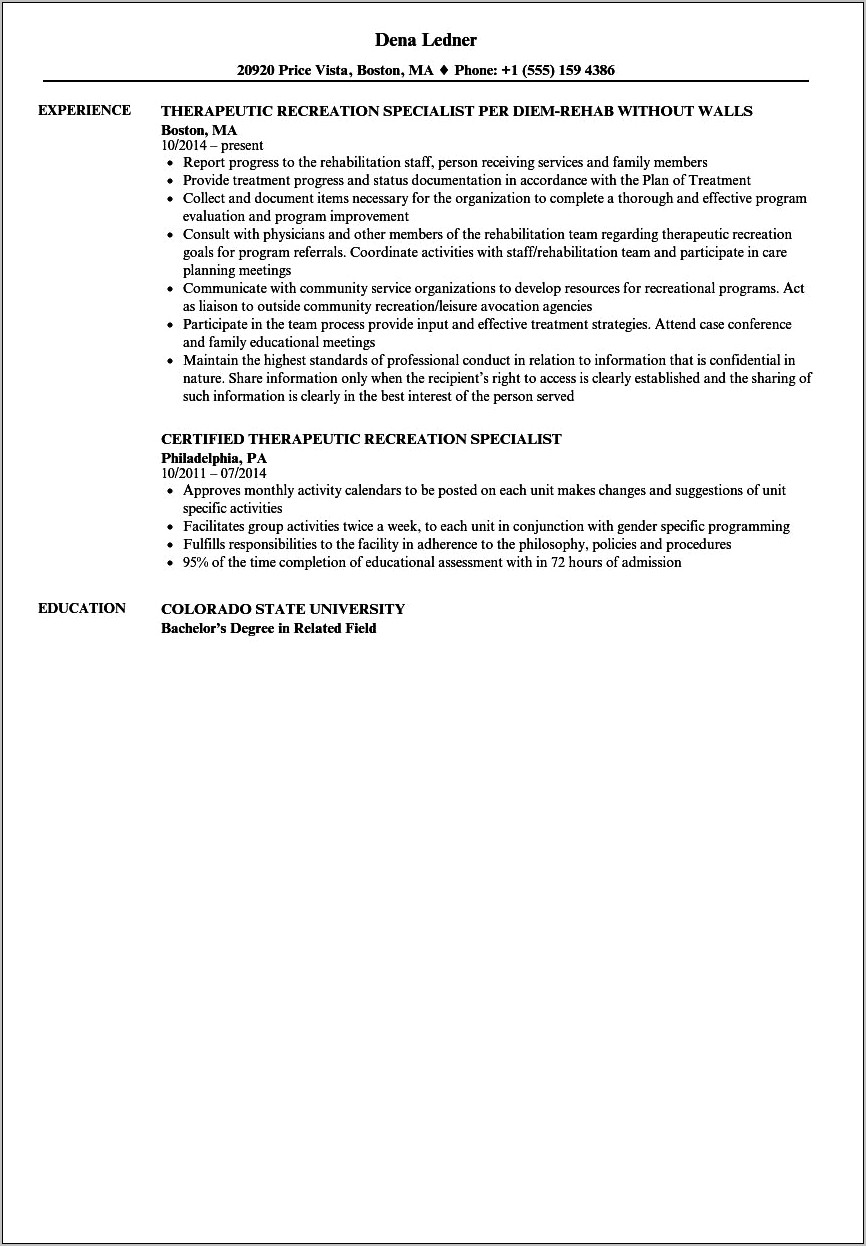 Recreation Specialist Professional Summary For Resume