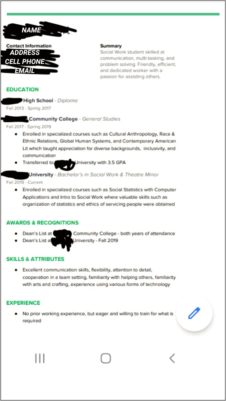 resume without work experience reddit