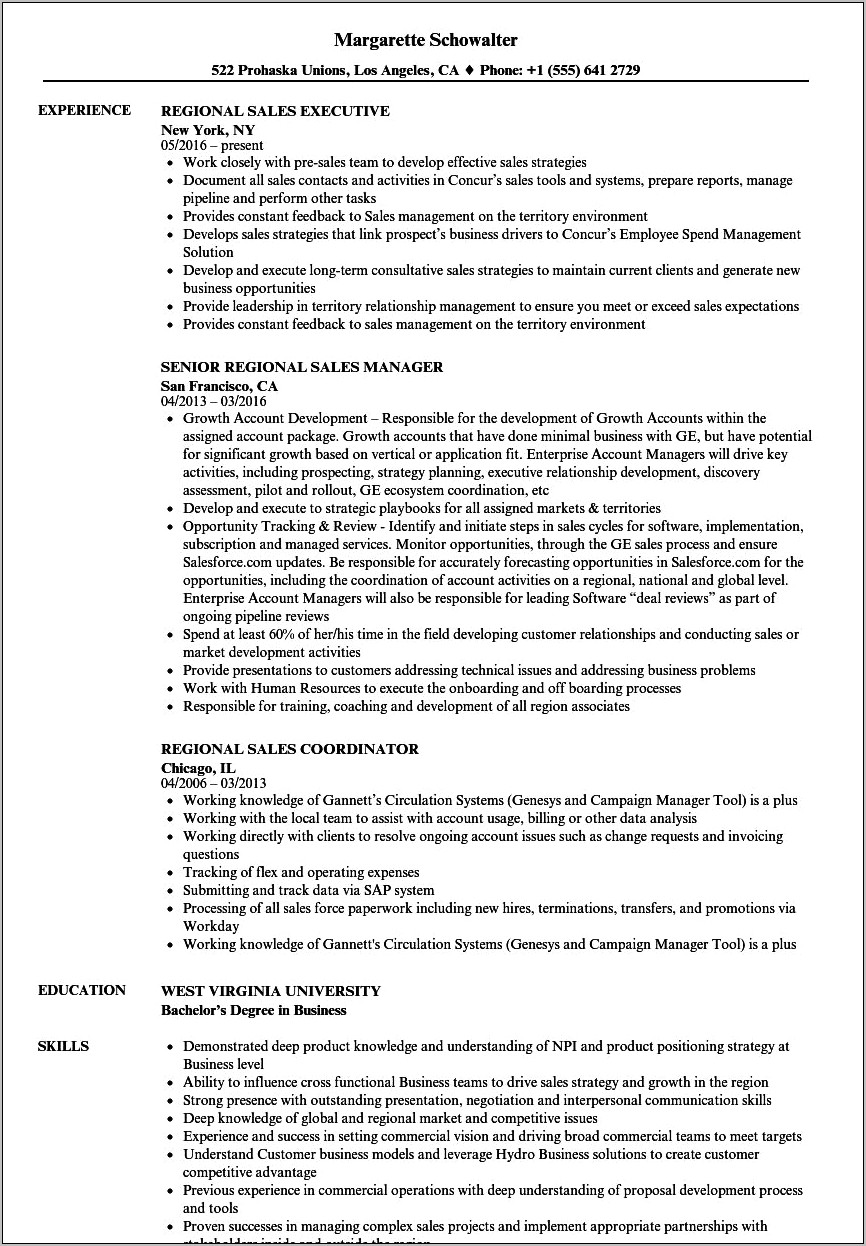 Regional Sales Manager Resume Financial Services