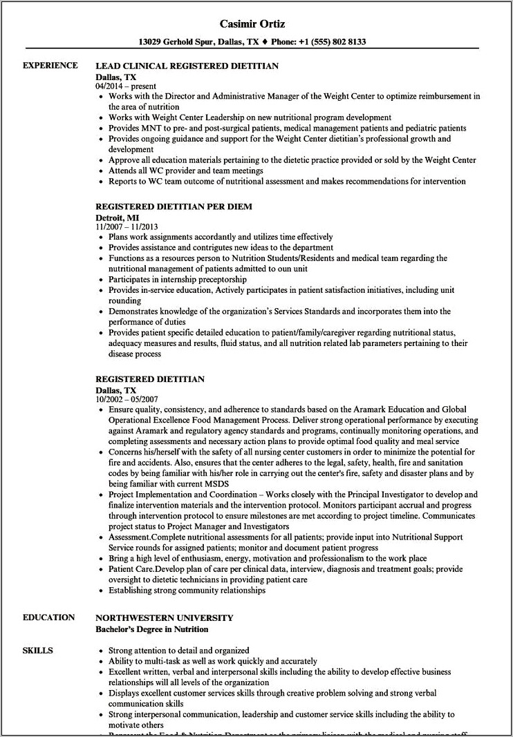 Registered Dietitians Resume Examples After Internship